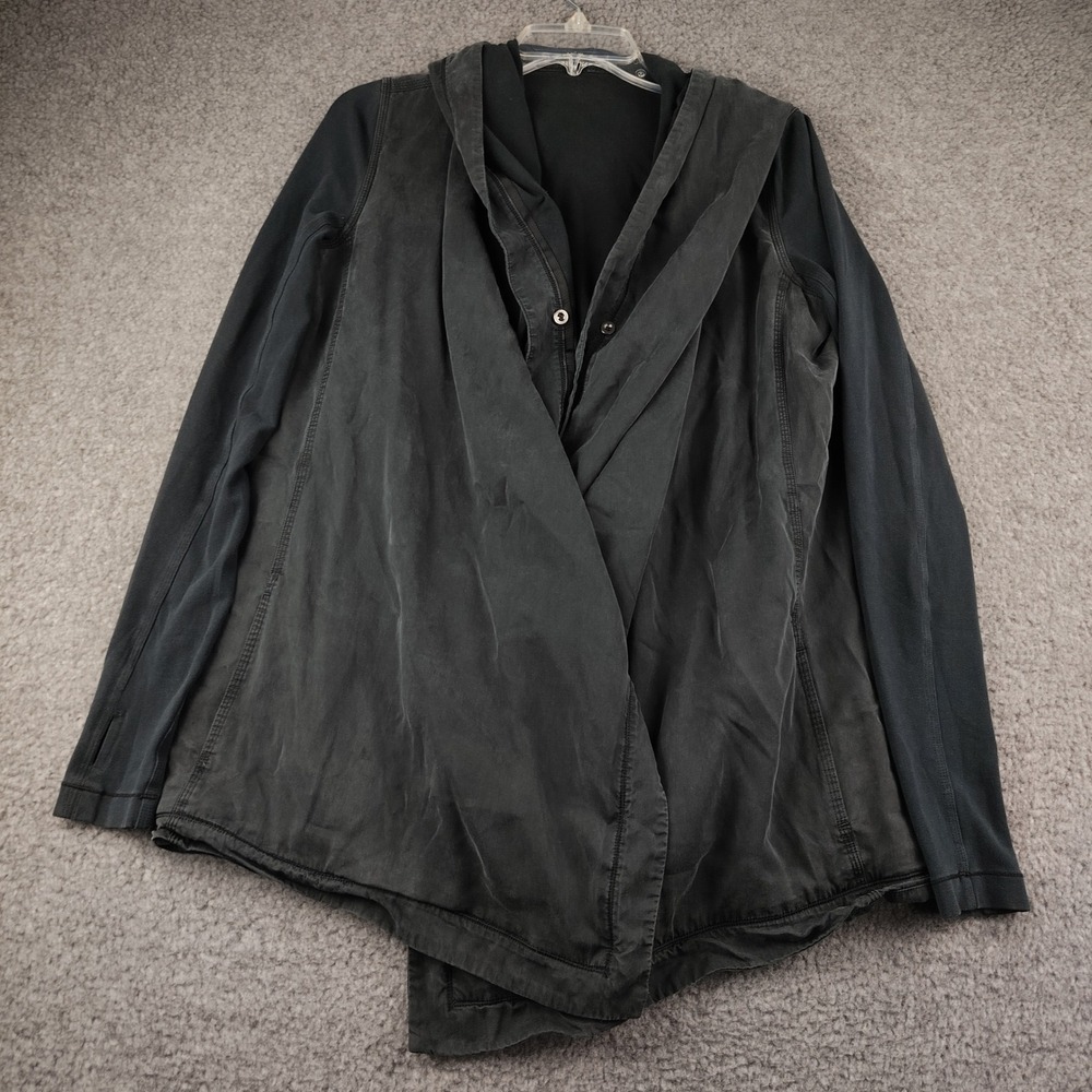 Lululemon Black Hooded Wrap Cardigan Jacket Thumbholes Pockets Size 6 Womens